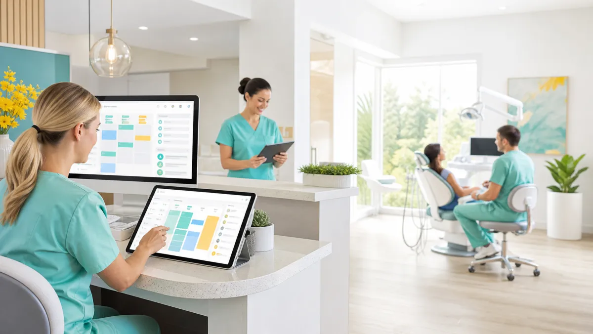 A bright dental office with a team coordinating everyday work