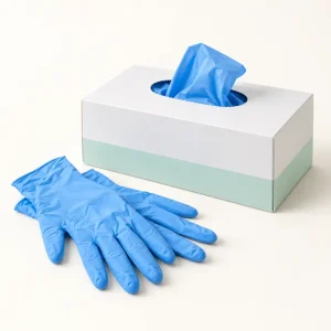 Blue nitrile gloves and a white dispenser box